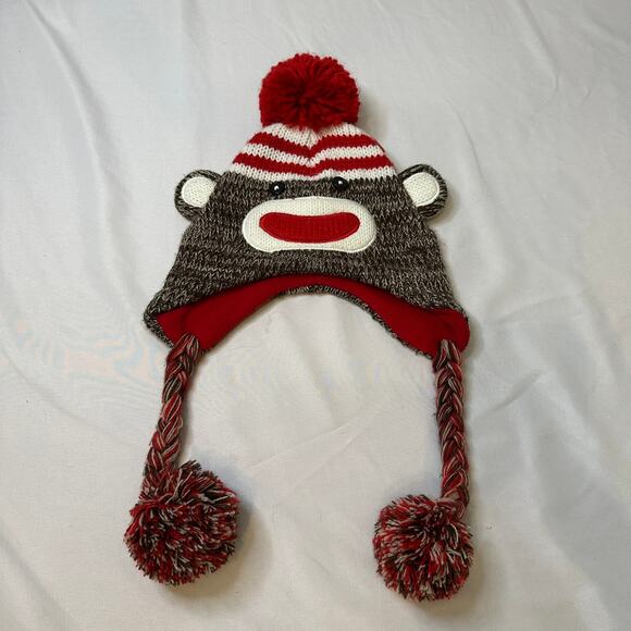 Sock Monkey Puppet Winter Beanie Hat Pom-Poms - Picture 1 of 5